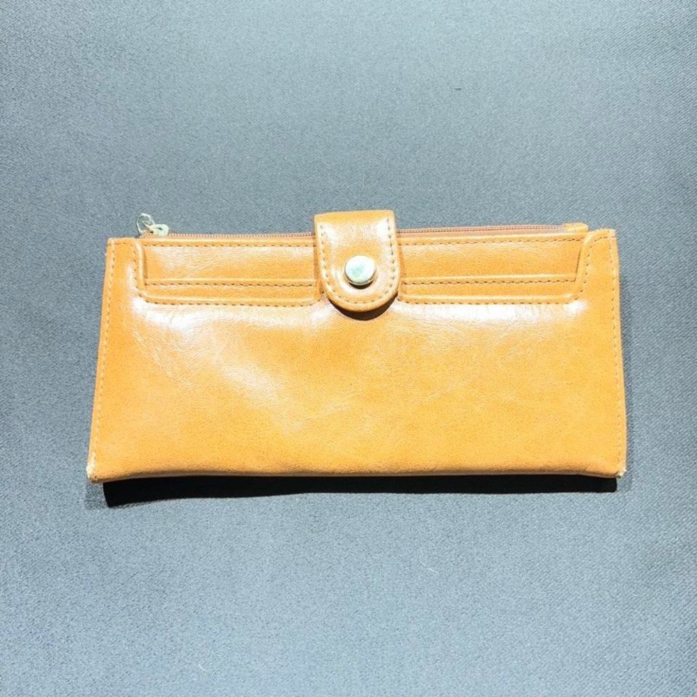 Tan Faux Leather Slim Checkbook Wallet Snap Closure Zippered Coin Pocket